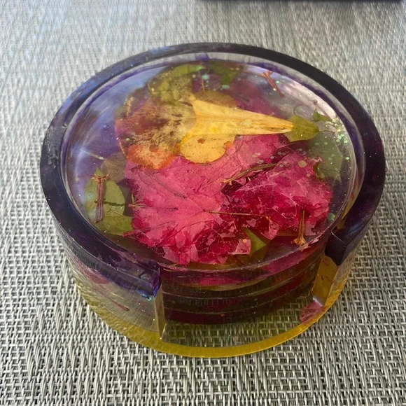 Handmade Pressed Flower Coaster Set and Holder Round Vibrant - Picture 13 of 16